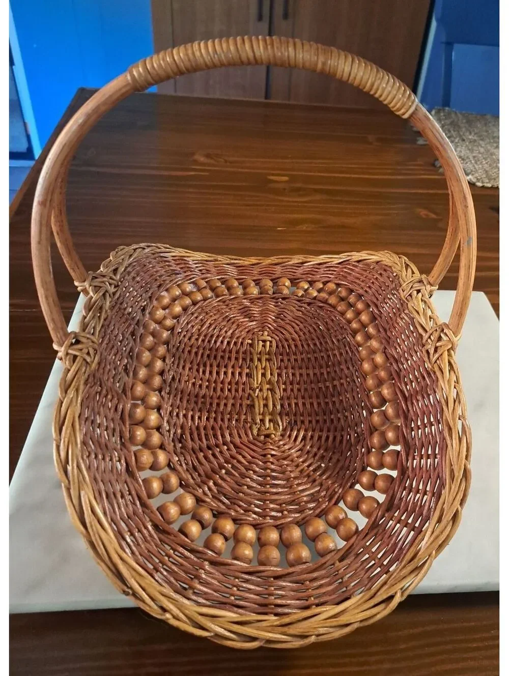 Vintage Wicker Beaded Trug/Gathering Double Handled Basket